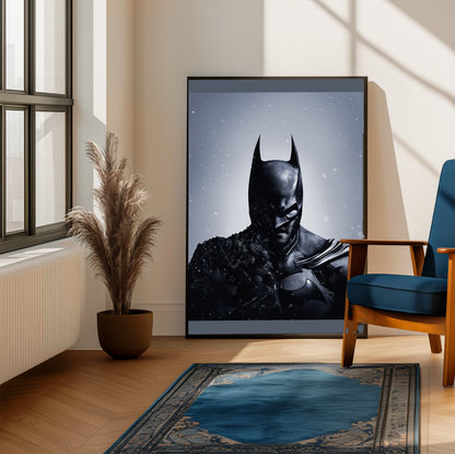 Batman Arkham Origins official cover art poster framed beside a blue armchair in a sunlit room