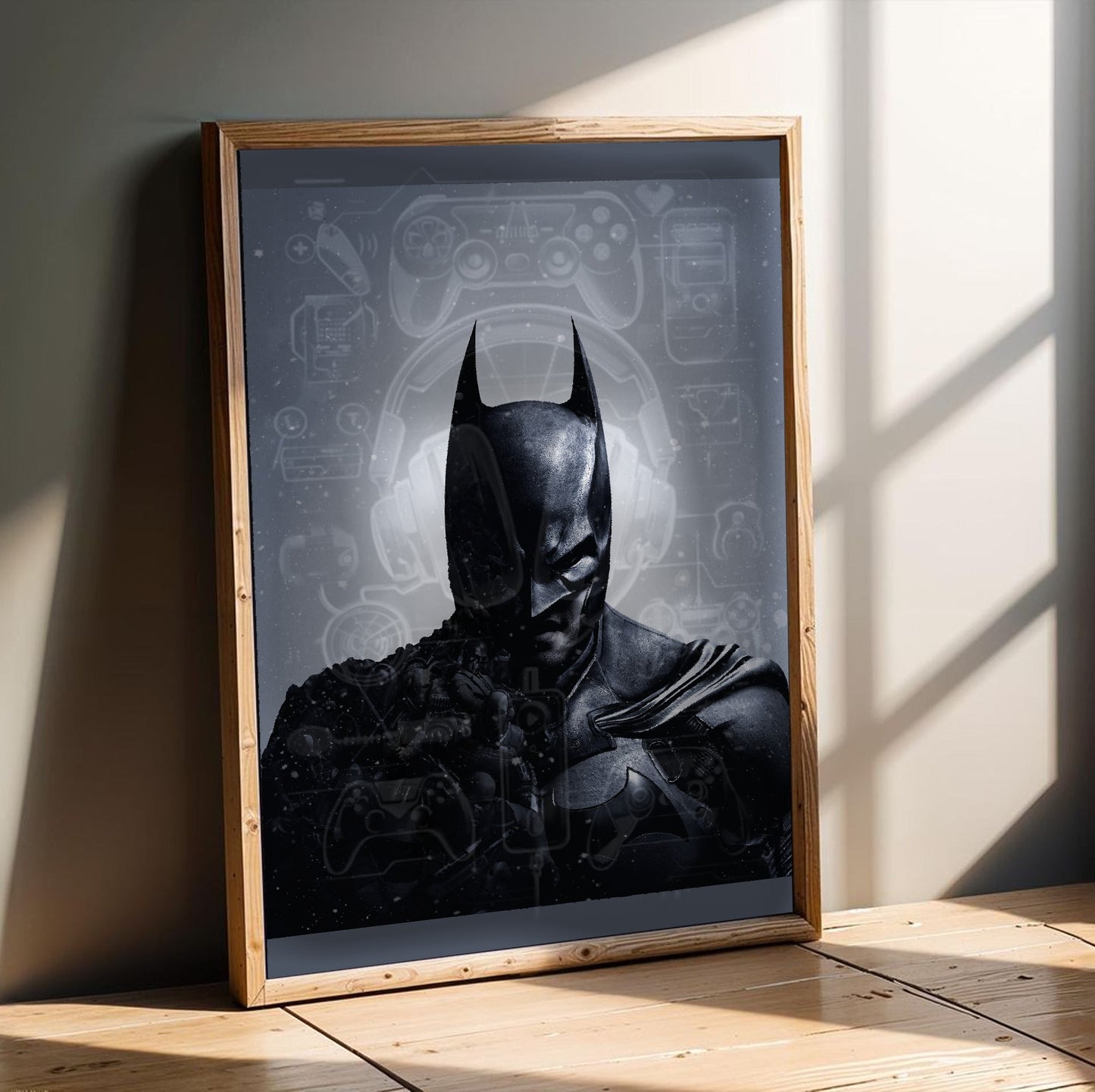Batman Arkham Origins official cover art poster in an oak frame leaning on a wooden floor