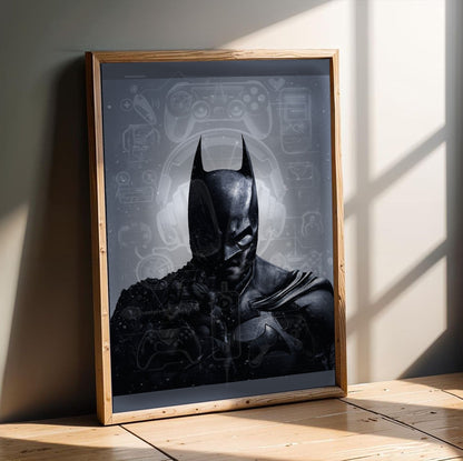 Batman Arkham Origins official cover art poster in an oak frame leaning on a wooden floor