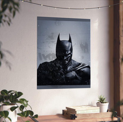 Batman Arkham Origins official cover art poster unframed on a white wall above a desk