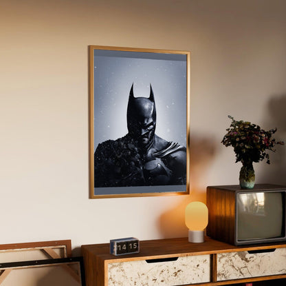 Batman Arkham Origins official cover art poster in an oak frame above a sideboard