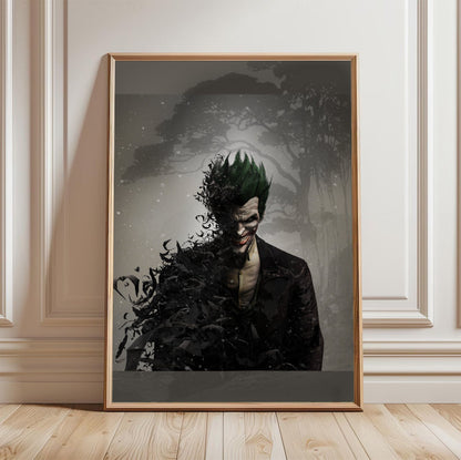 Batman Arkham Origins Joker promo art poster in a light oak frame leaning against a white wall