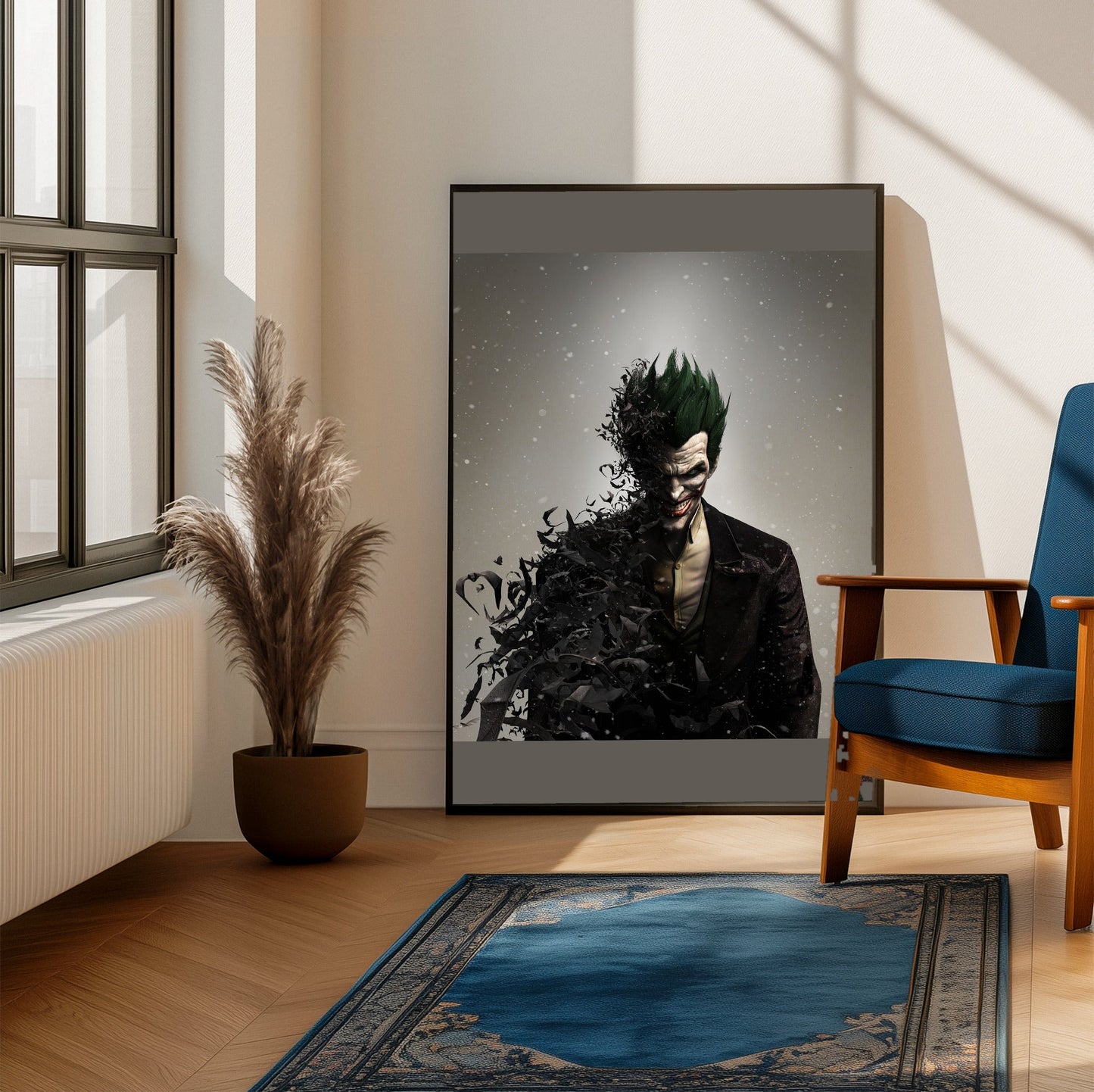 Batman Arkham Origins Joker promo art poster framed beside a blue armchair in a sunlit room