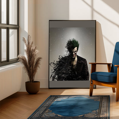 Batman Arkham Origins Joker promo art poster framed beside a blue armchair in a sunlit room