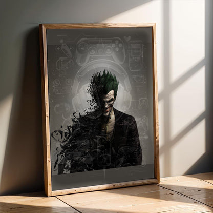 Batman Arkham Origins Joker promo art poster in an oak frame leaning on a wooden floor