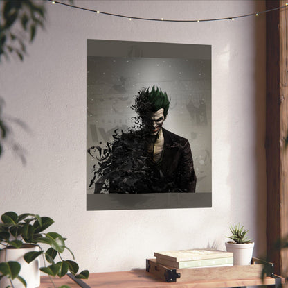 Batman Arkham Origins Joker promo art poster unframed on a white wall above a desk