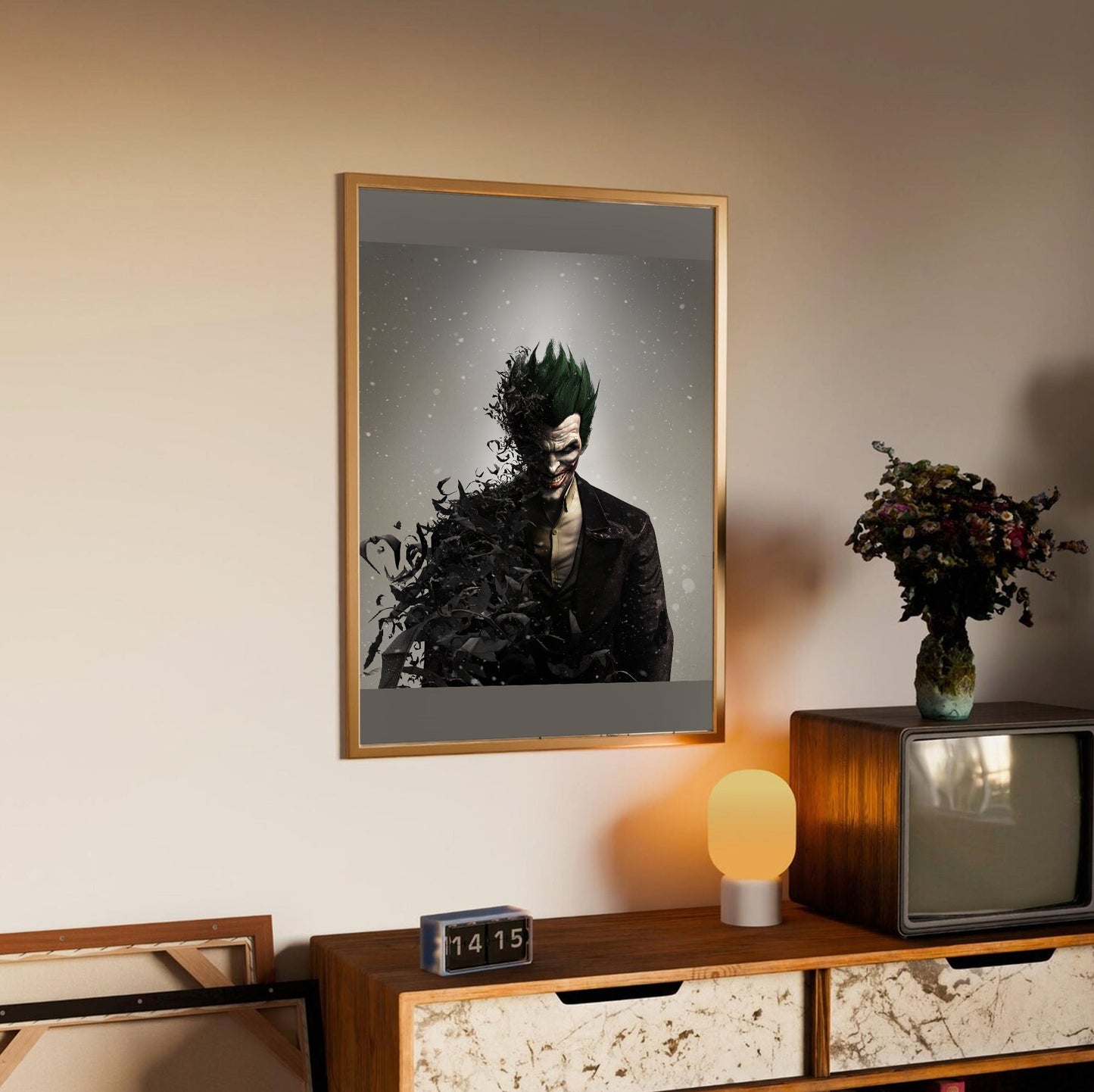 Batman Arkham Origins Joker promo art poster in an oak frame above a sideboard