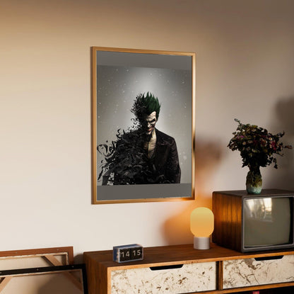 Batman Arkham Origins Joker promo art poster in an oak frame above a sideboard