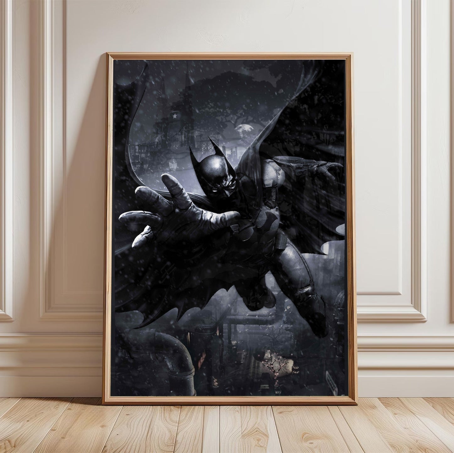 Batman Arkham Origins Batman gliding promo art poster in a light oak frame leaning against a white wall