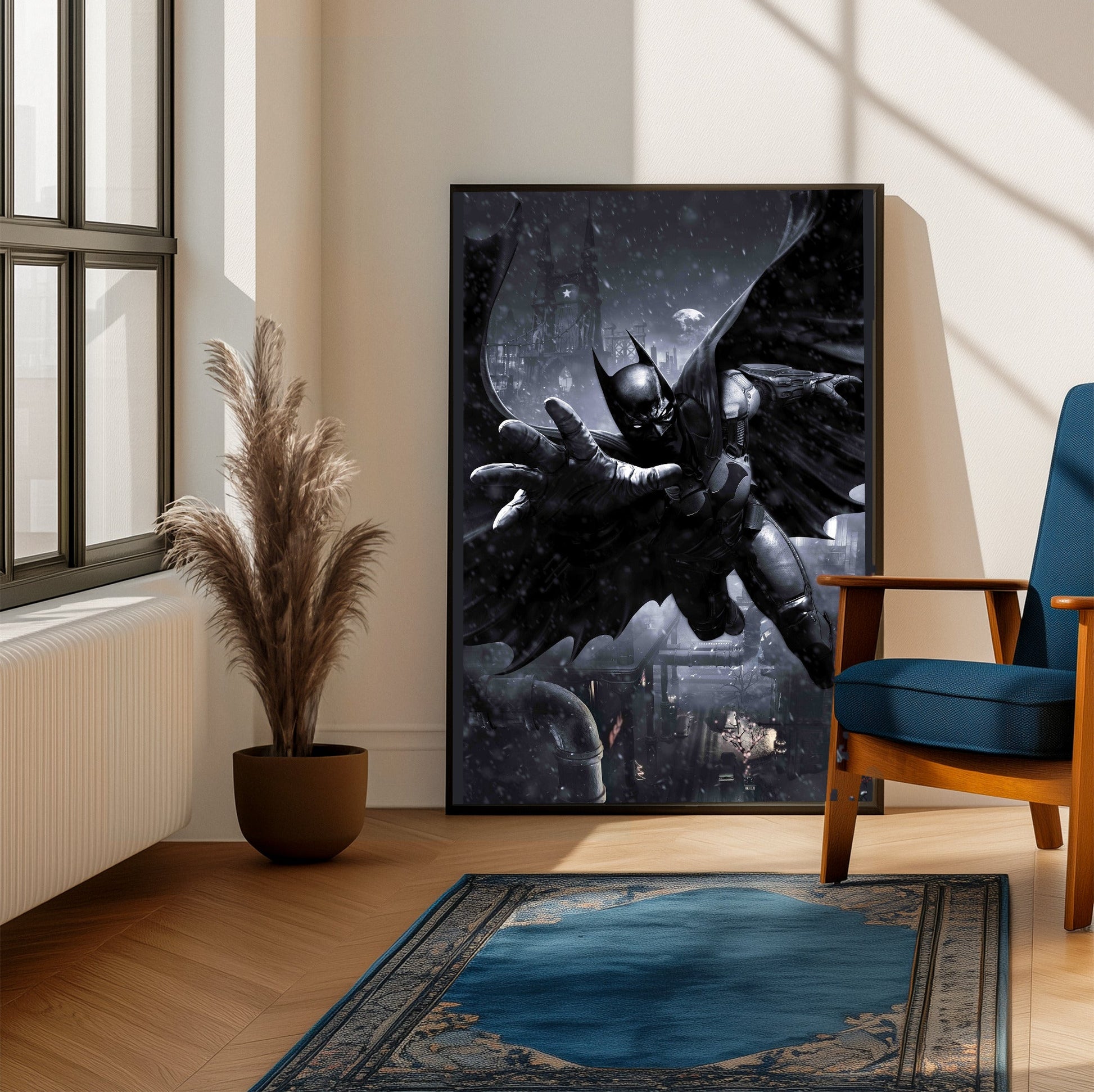 Batman Arkham Origins Batman gliding promo art poster framed beside a blue armchair in a sunlit room