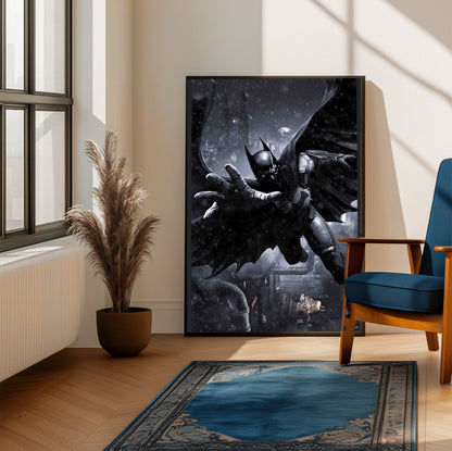 Batman Arkham Origins Batman gliding promo art poster framed beside a blue armchair in a sunlit room