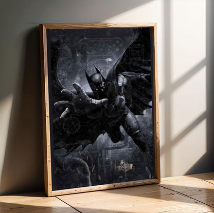 Batman Arkham Origins Batman gliding promo art poster in an oak frame leaning on a wooden floor