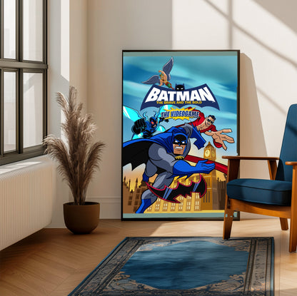 Batman The Brave and the Bold videogame cover art with logo poster framed beside a blue armchair in a sunlit room