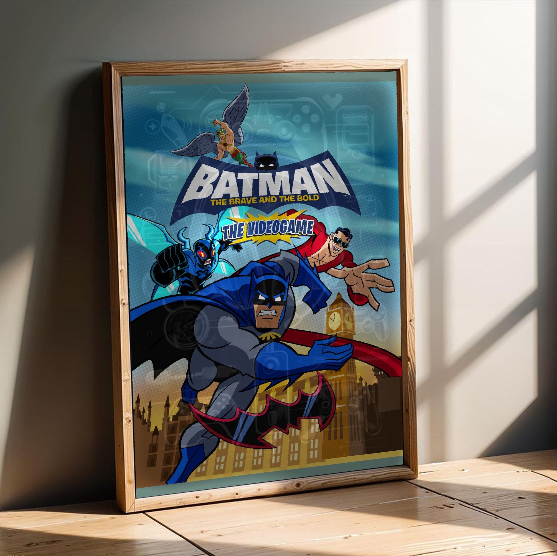 Batman The Brave and the Bold videogame cover art with logo poster in an oak frame leaning on a wooden floor