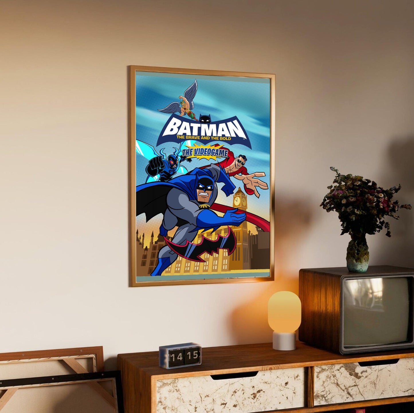 Batman The Brave and the Bold videogame cover art with logo poster in an oak frame above a sideboard