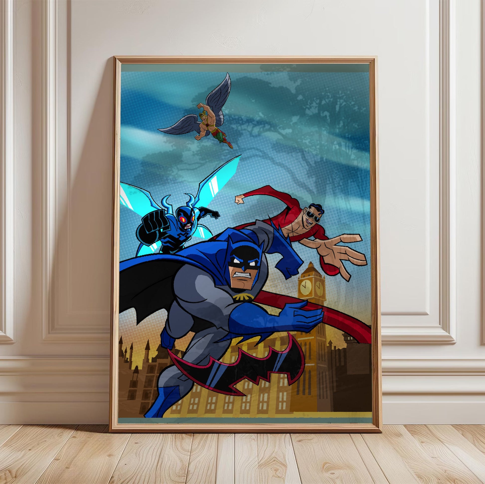 Batman The Brave and the Bold videogame cover art poster in a light oak frame leaning against a white wall
