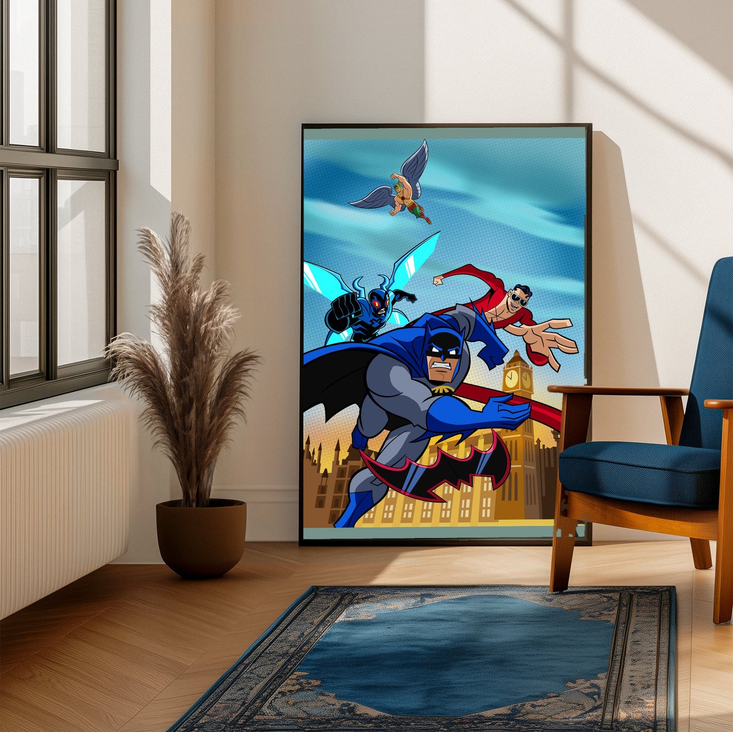 Batman The Brave and the Bold videogame cover art poster framed beside a blue armchair in a sunlit room