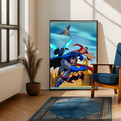 Batman The Brave and the Bold videogame cover art poster framed beside a blue armchair in a sunlit room