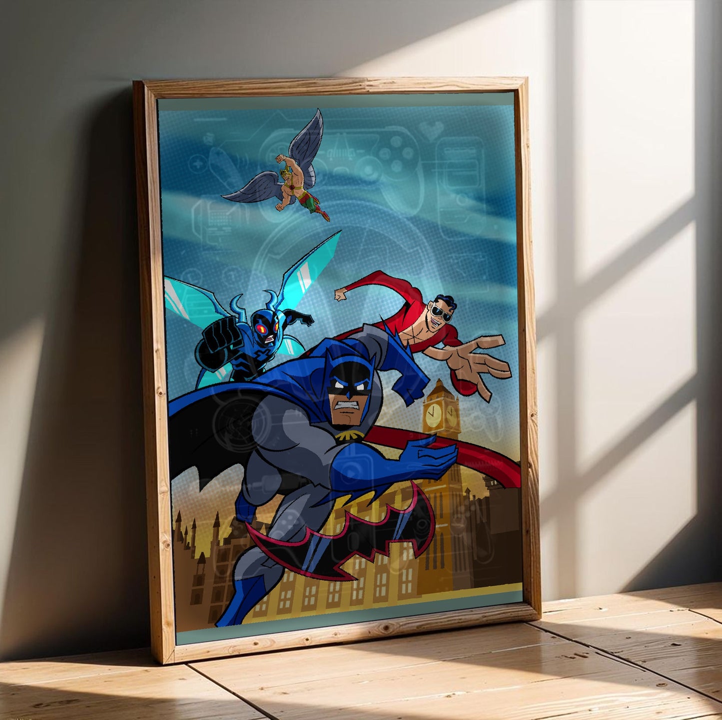 Batman The Brave and the Bold videogame cover art poster in an oak frame leaning on a wooden floor