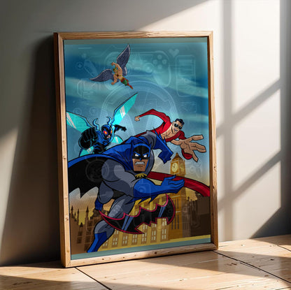 Batman The Brave and the Bold videogame cover art poster in an oak frame leaning on a wooden floor