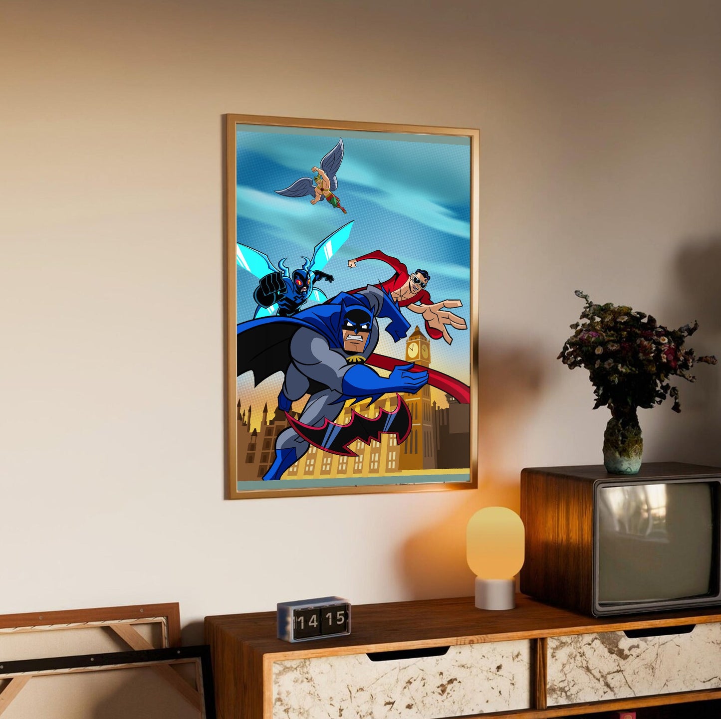 Batman The Brave and the Bold videogame cover art poster in an oak frame above a sideboard