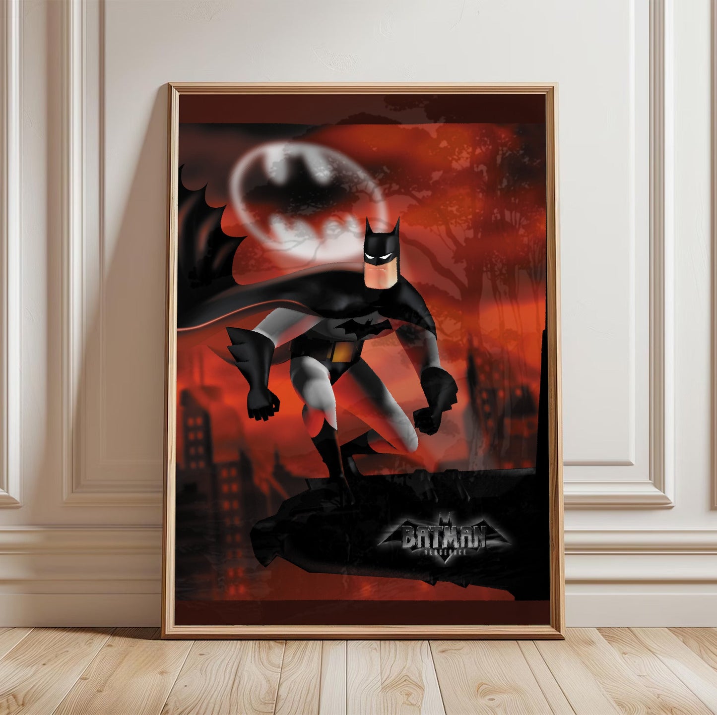 Batman Vengeance key art poster in a light oak frame leaning against a white wall