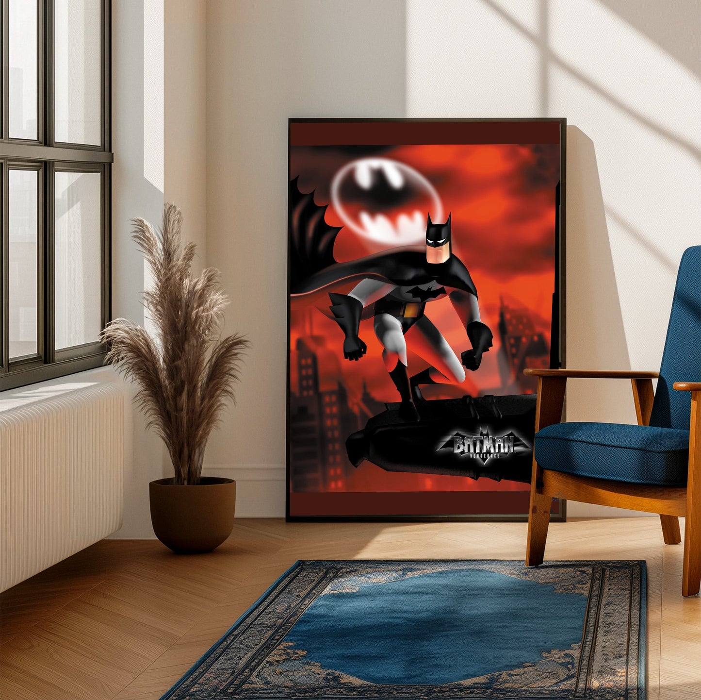 Batman Vengeance key art poster framed beside a blue armchair in a sunlit room