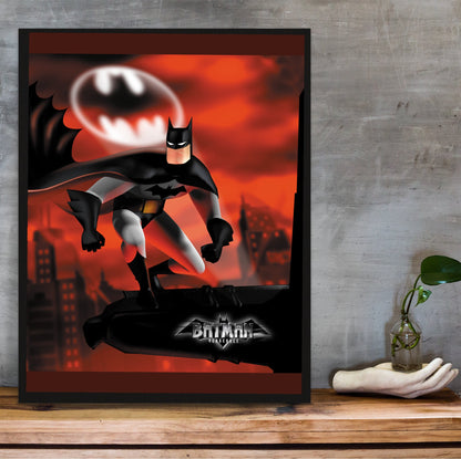 Batman Vengeance key art poster in a black frame on a wooden shelf against concrete