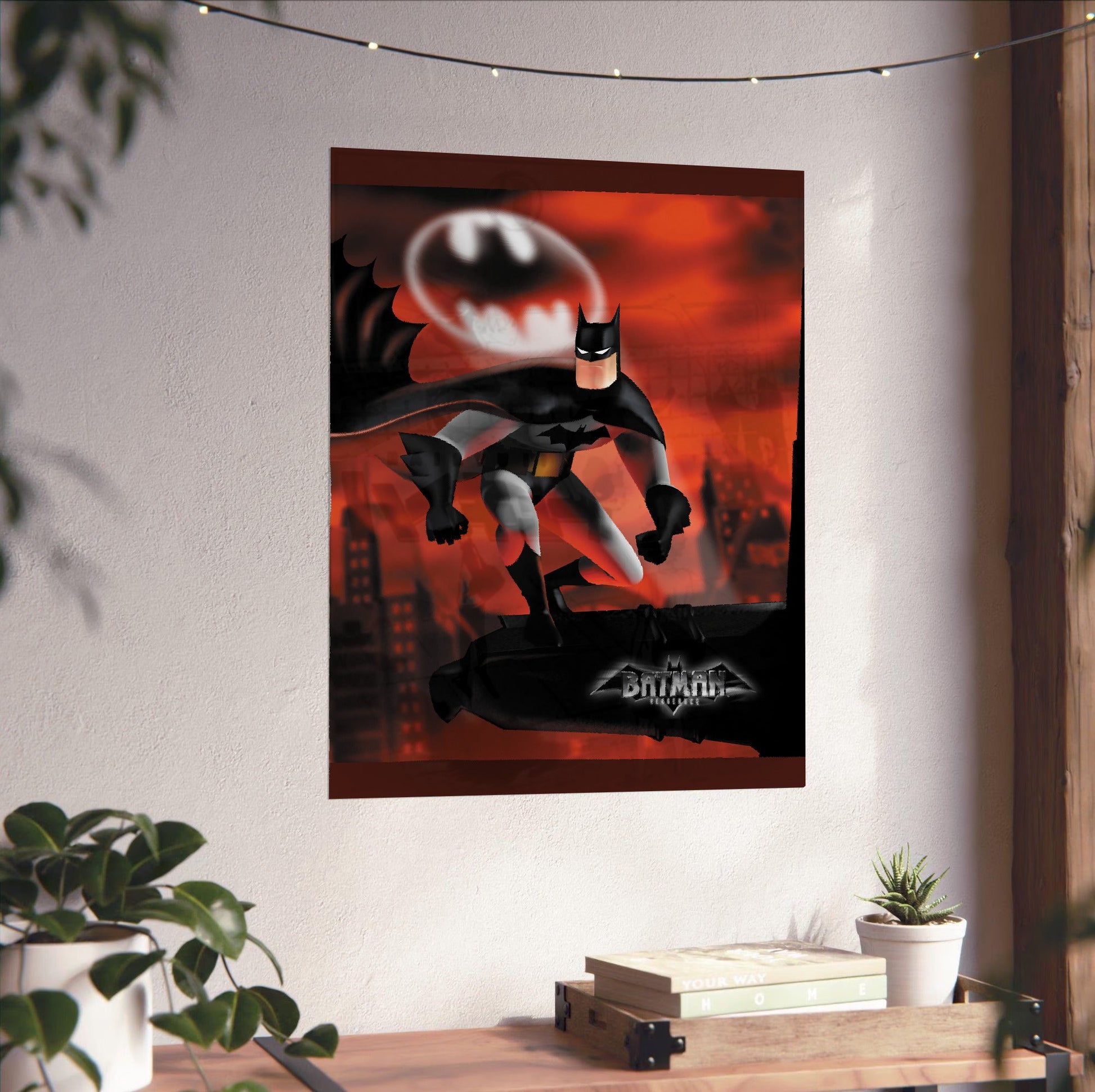 Batman Vengeance key art poster unframed on a white wall above a desk