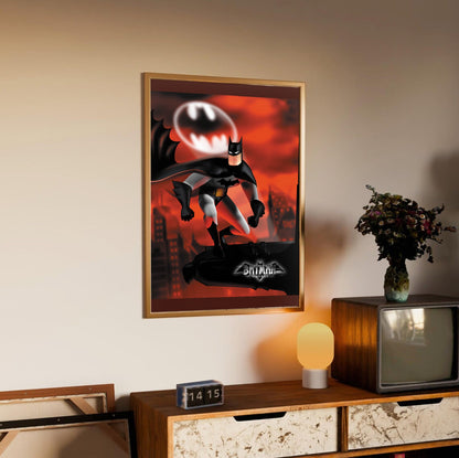 Batman Vengeance key art poster in an oak frame above a sideboard