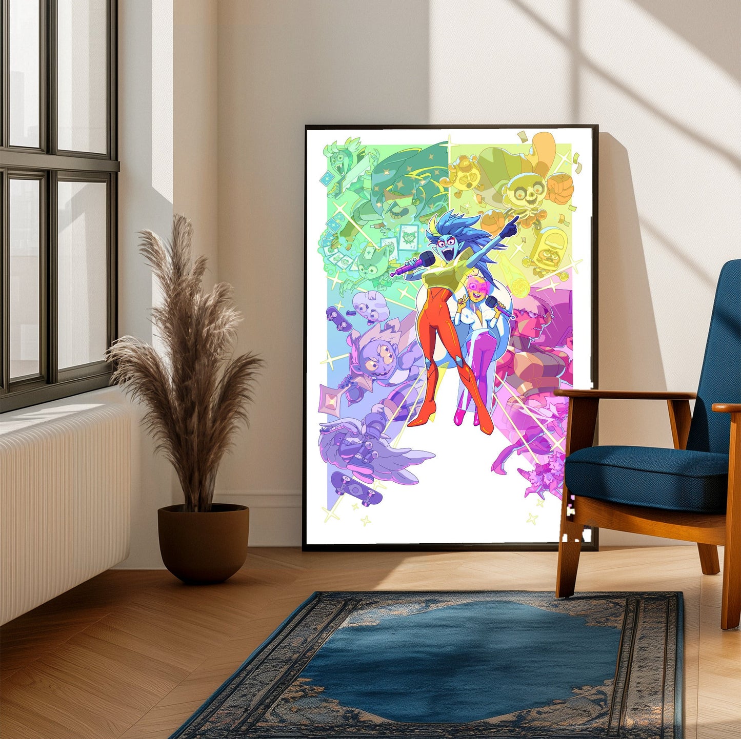 Battle Vision Network key art poster framed beside a blue armchair in a sunlit room