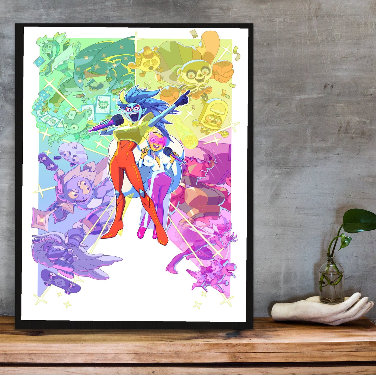 Battle Vision Network key art poster in a black frame on a wooden shelf against concrete