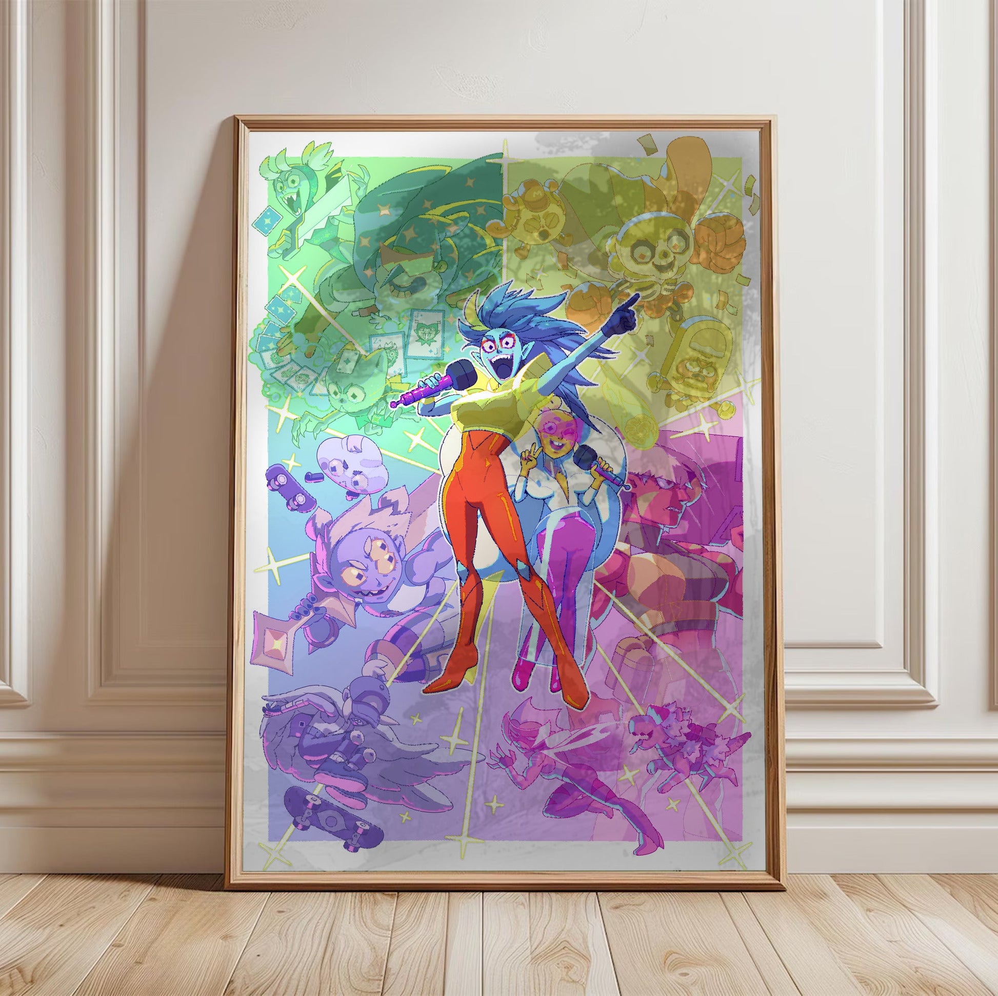 Battle Vision Network starburst key art poster in a light oak frame leaning against a white wall