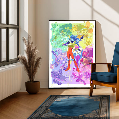 Battle Vision Network starburst key art poster framed beside a blue armchair in a sunlit room