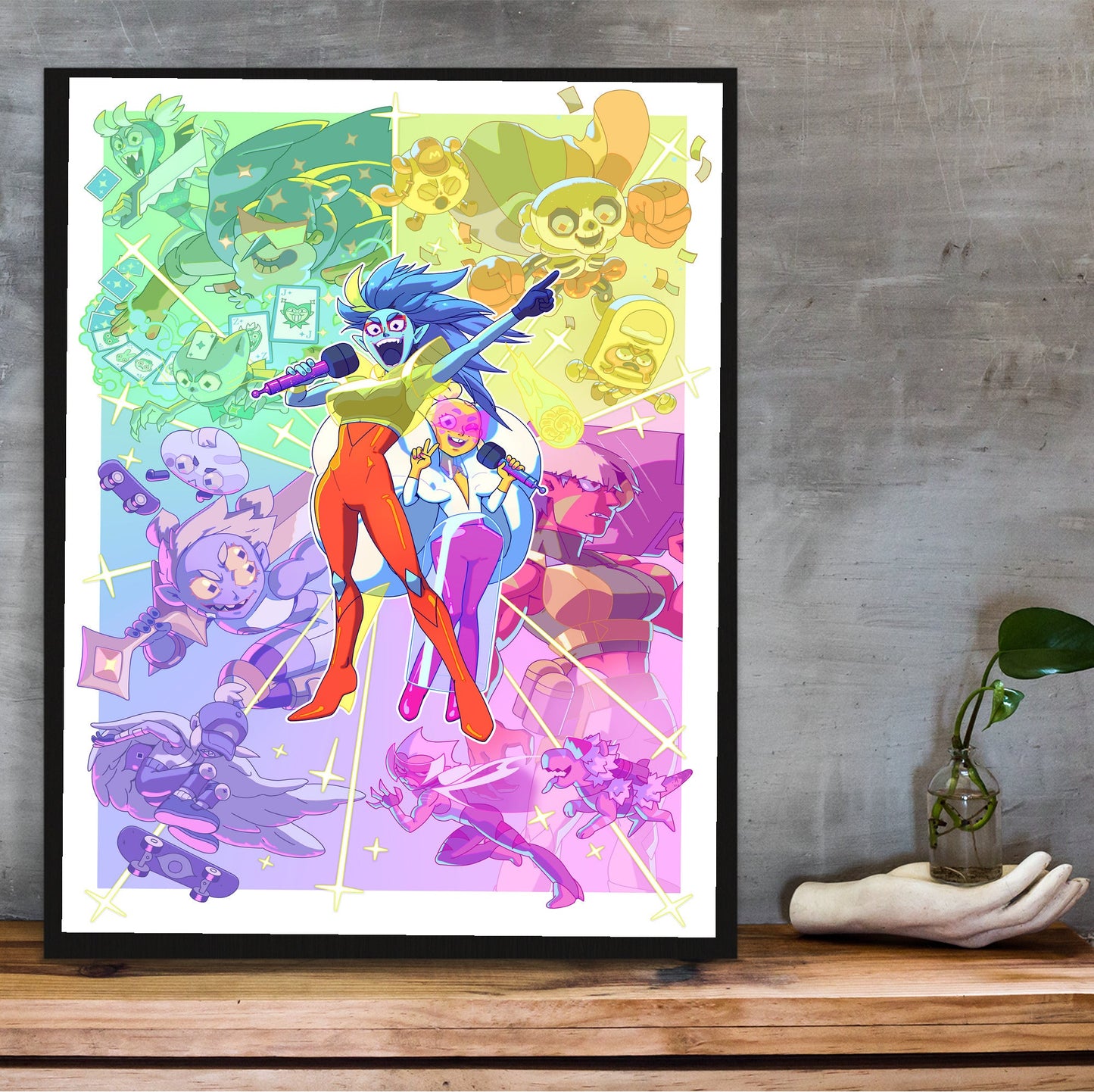 Battle Vision Network starburst key art poster in a black frame on a wooden shelf against concrete