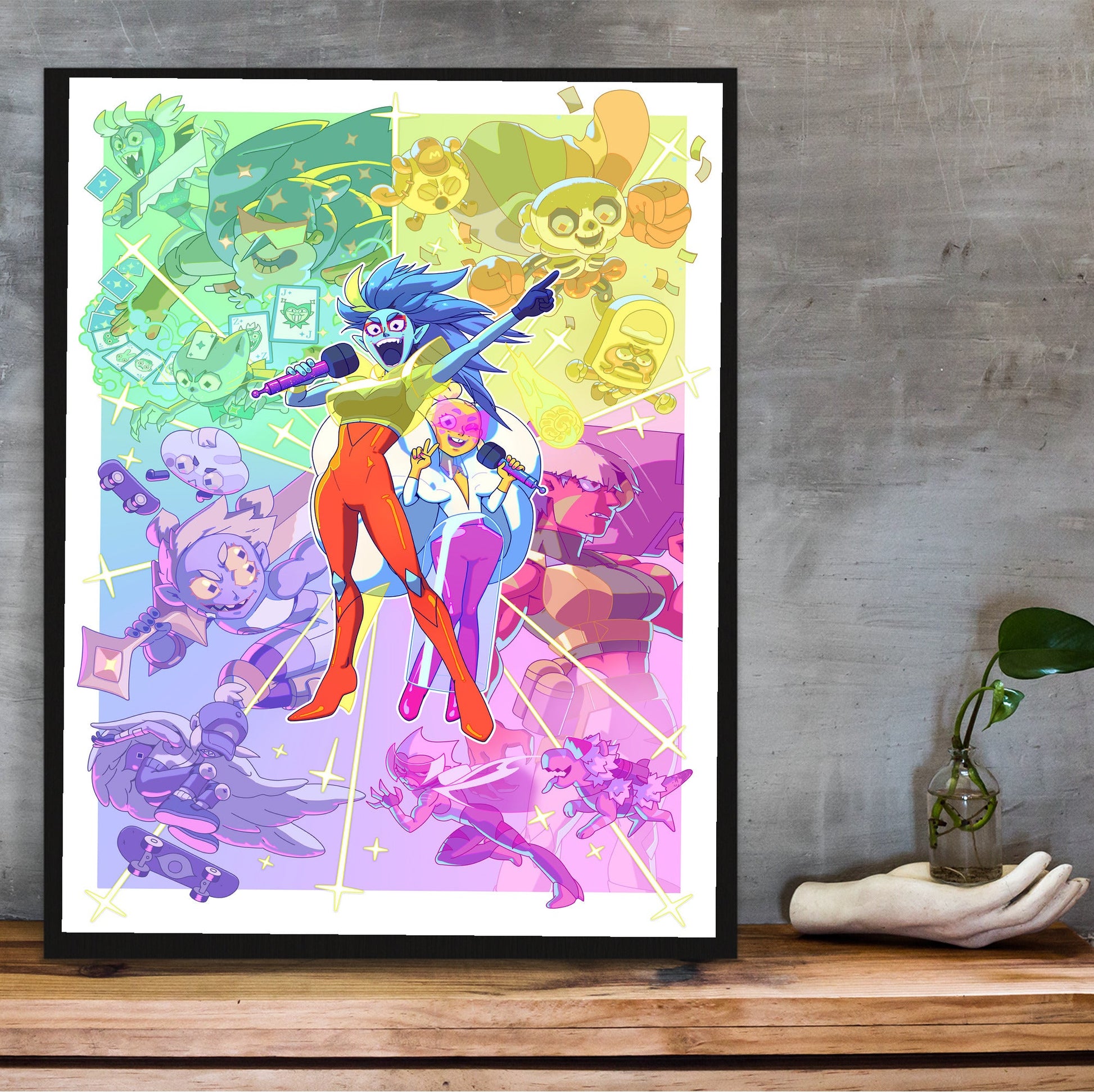 Battle Vision Network starburst key art poster in a black frame on a wooden shelf against concrete