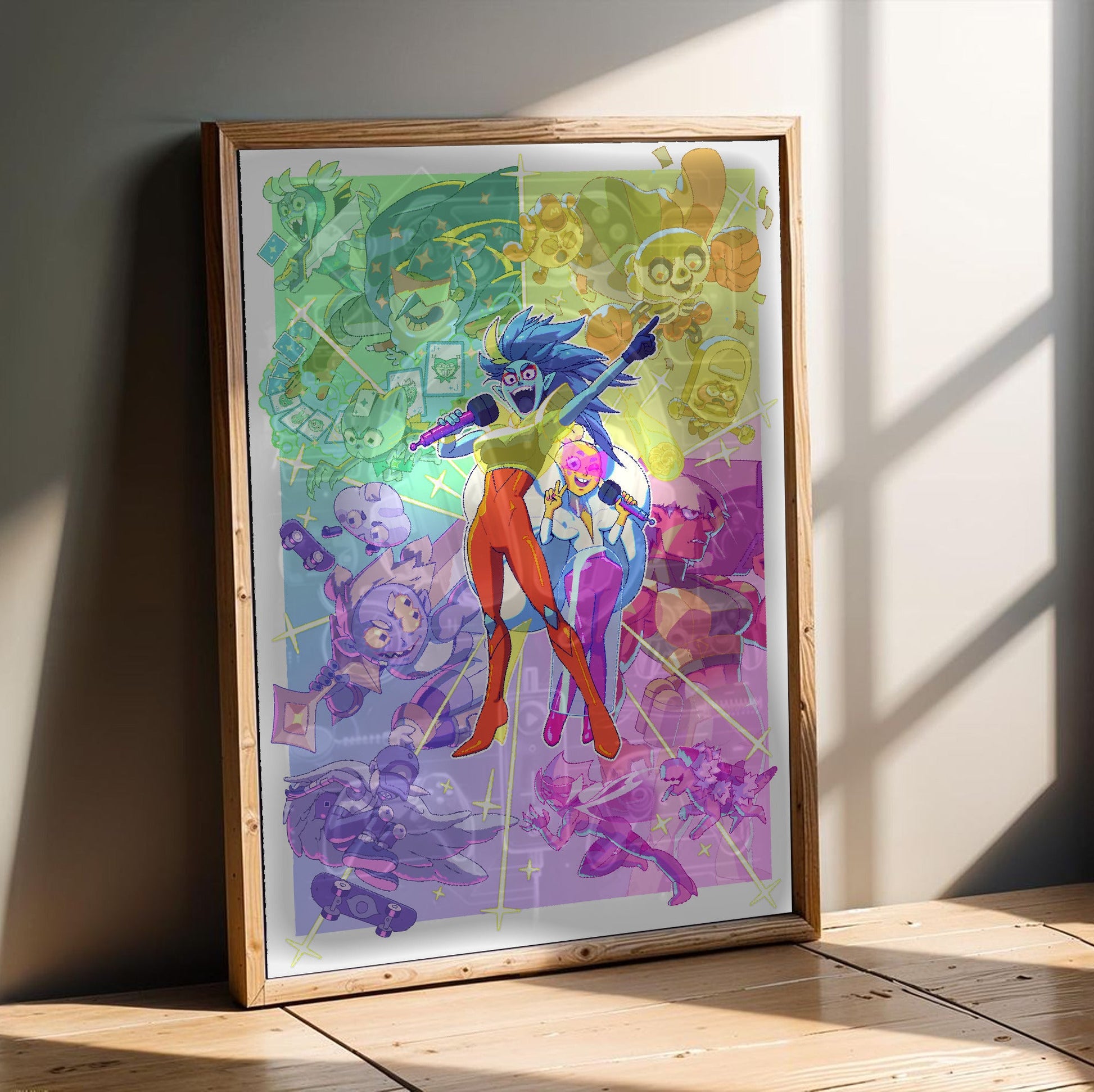 Battle Vision Network starburst key art poster in an oak frame leaning on a wooden floor