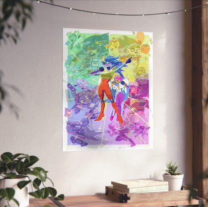 Battle Vision Network starburst key art poster unframed on a white wall above a desk