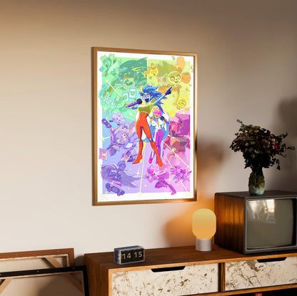 Battle Vision Network starburst key art poster in an oak frame above a sideboard