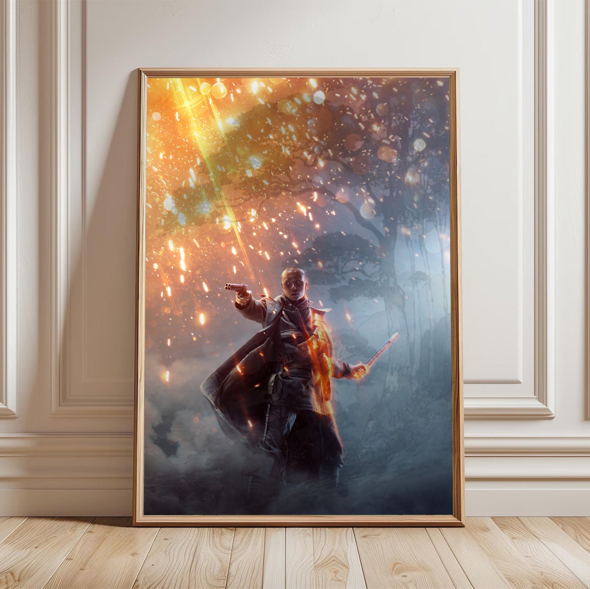 Battlefield 1 Revolution Edition key art poster in a light oak frame leaning against a white wall
