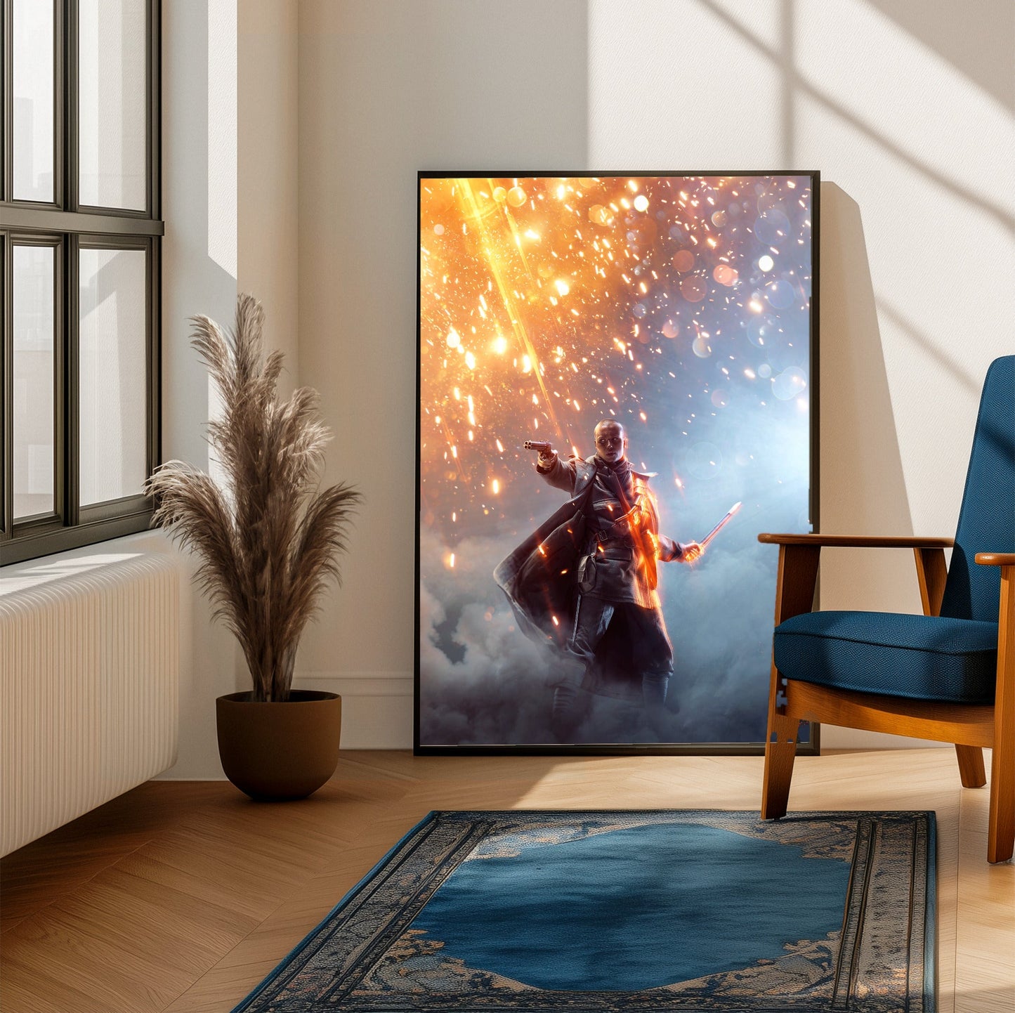 Battlefield 1 Revolution Edition key art poster framed beside a blue armchair in a sunlit room