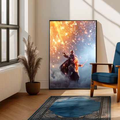 Battlefield 1 Revolution Edition key art poster framed beside a blue armchair in a sunlit room