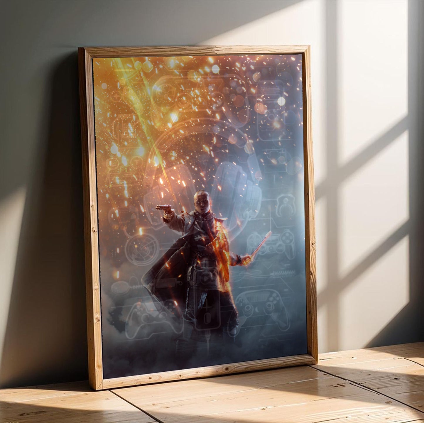Battlefield 1 Revolution Edition key art poster in an oak frame leaning on a wooden floor