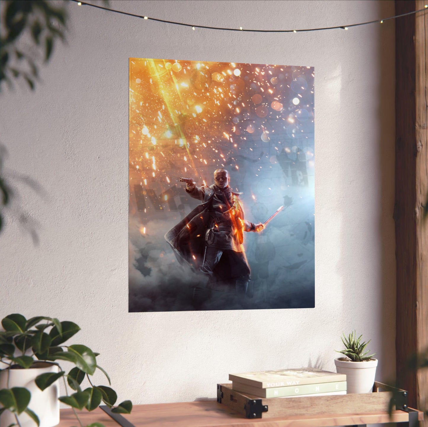 Battlefield 1 Revolution Edition key art poster unframed on a white wall above a desk