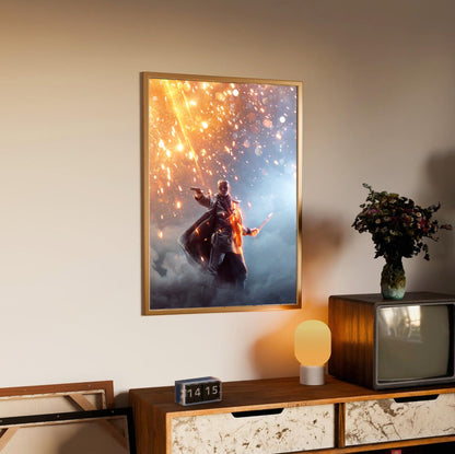 Battlefield 1 Revolution Edition key art poster in an oak frame above a sideboard