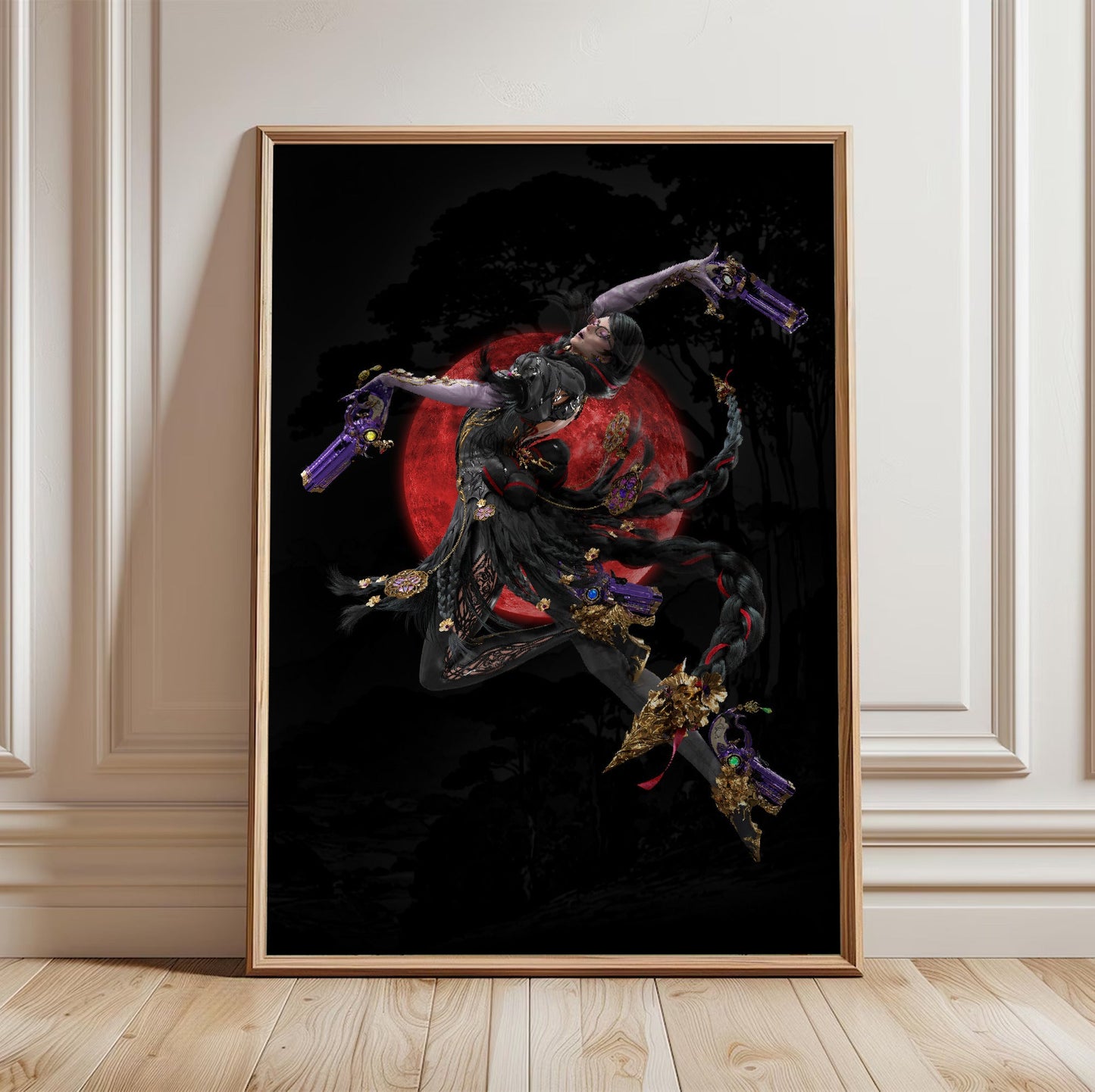 Bayonetta 3 Bayonetta character art poster in a light oak frame leaning against a white wall