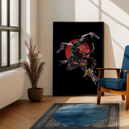 Bayonetta 3 Bayonetta character art poster framed beside a blue armchair in a sunlit room