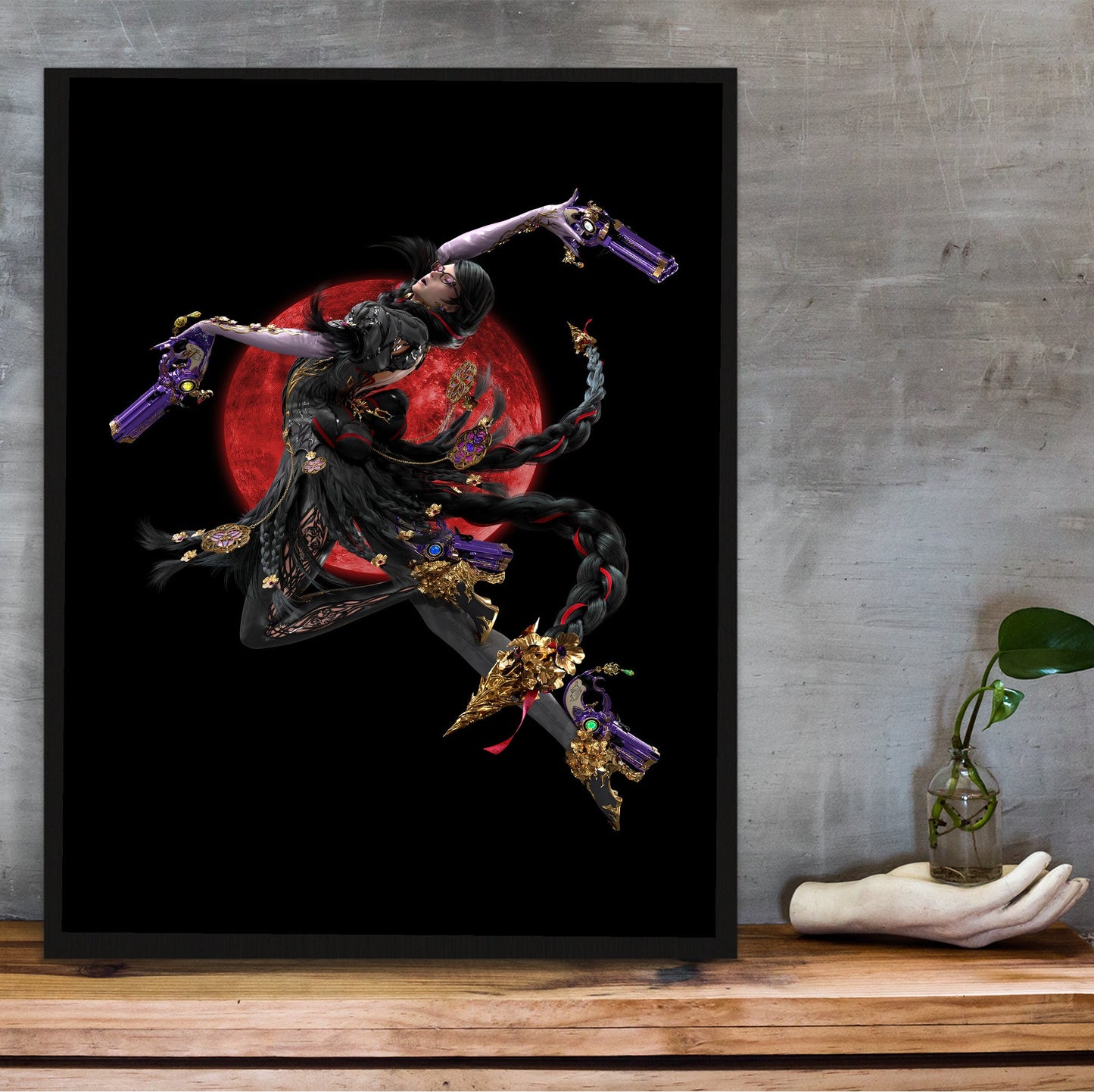 Bayonetta 3 Bayonetta character art poster in a black frame on a wooden shelf against concrete
