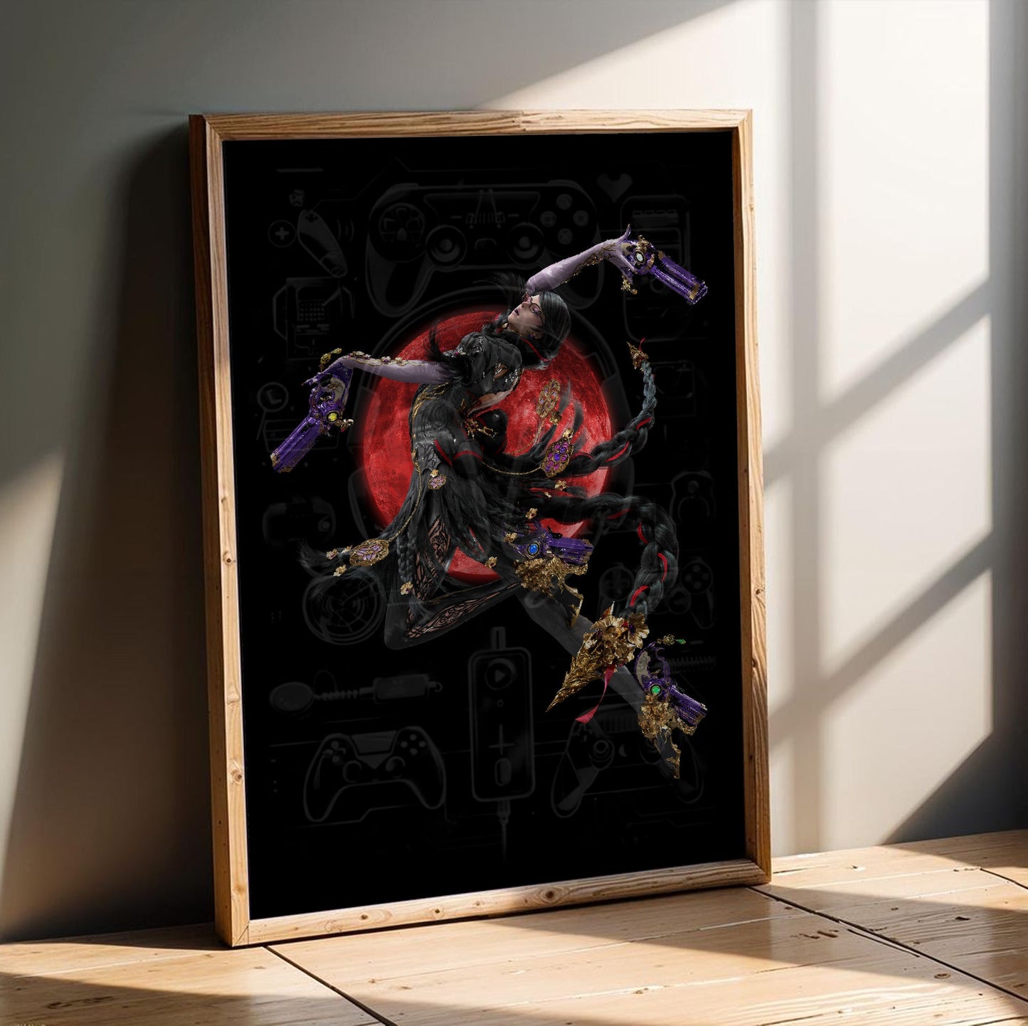 Bayonetta 3 Bayonetta character art poster in an oak frame leaning on a wooden floor