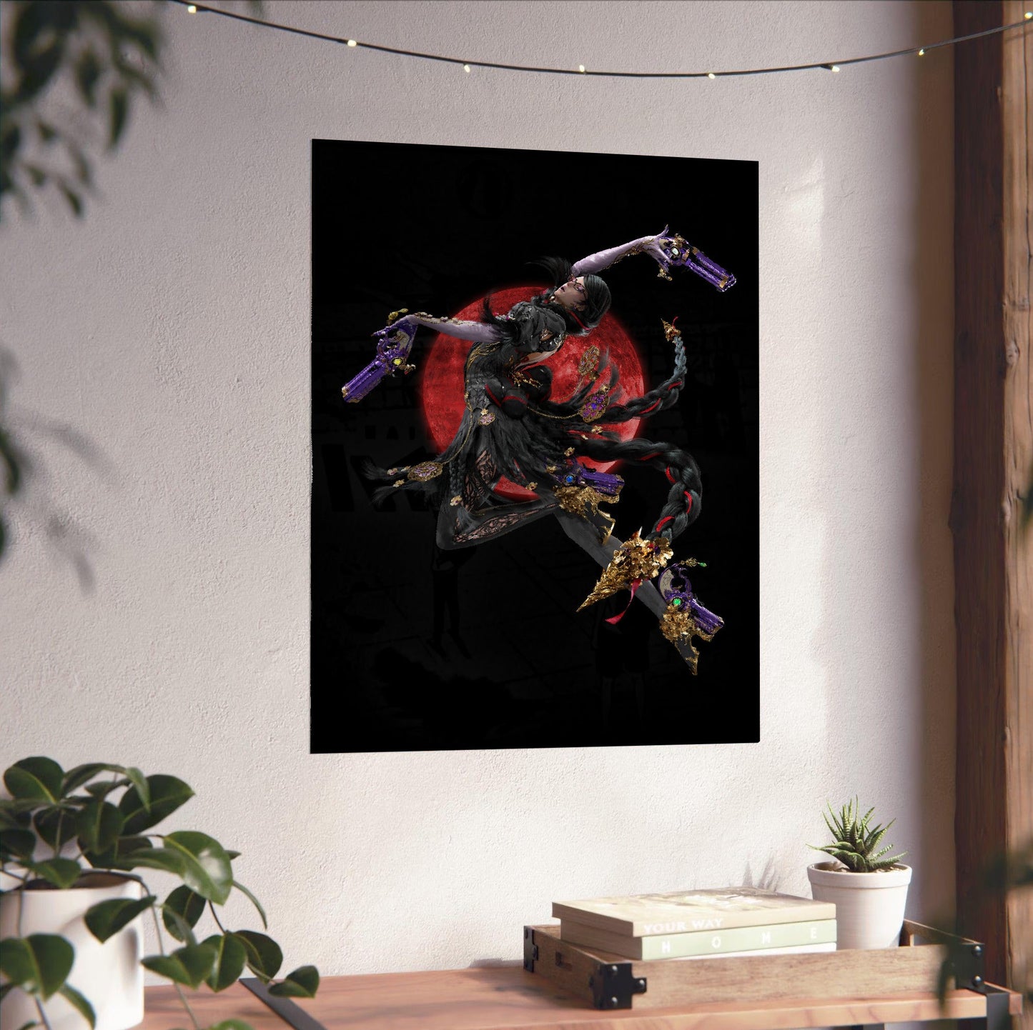 Bayonetta 3 Bayonetta character art poster unframed on a white wall above a desk
